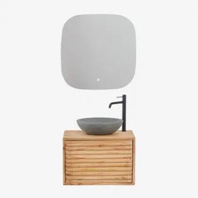 Hangend Badkamermeubelset 60x45 Cm In Hout Deleyna Natuurlijk Hout & Rond Grijs Cement Ø40 Cm Tarsis & Vierkant Led En Anticondens 75x75 Cm Riben -