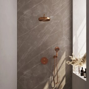 Brauer Stripe inbouw regendouche rond met 25cm hoofddouche, gebogen muurarm en 3 standen handdouche set 41 koper geborsteld PVD