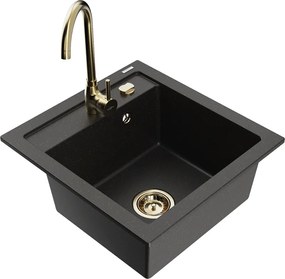 Mexen Vito granieten gootsteen met 1 kom en Telma keukenkraan, zwart/goud metallic - 6503-75-670200-50
