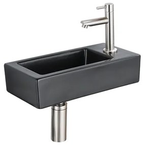 QeramiQ Fuente Fonteinset - 37.5x18.5x9cm - keramiek - kraangat rechts - fonteinkraan geborsteld RVS - afvoerplug - verlaagd sifon - Mat Zwart SW1122447/SW696207/SW696217/SW696237