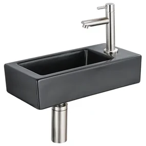 QeramiQ Fuente Fonteinset - 37.5x18.5x9cm - keramiek - kraangat rechts - fonteinkraan geborsteld RVS - afvoerplug - verlaagd sifon - Mat Zwart SW1122447/SW696207/SW696217/SW696237
