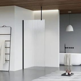 Fortifura Galeria inloopdouche - 50x200cm - ribbelglas - plafondarm - mat zwart SW797947/SW797905/SW804542