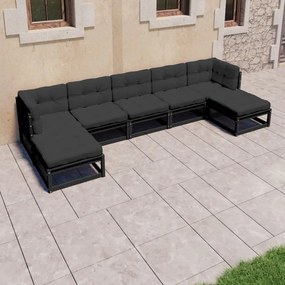 vidaXL 7-delige Loungeset met kussens massief grenenhout zwart