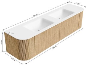 Mondiaz Kurve 180cm badmeubel ronding links/rechts oak met 2 lades en deuren en wastafel cloud dubbel 2 kraangaten