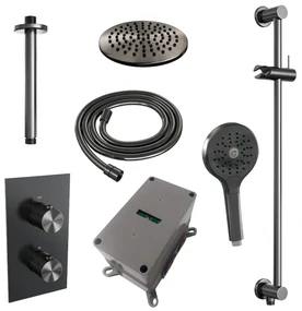 Brauer Gunmetal Carving complete inbouw regendouche set 47 met 20cm douchekop, plafondarm, 3 standen handdouche en glijstang gunmetal geborsteld PVD