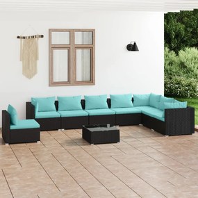 vidaXL 9-delige Loungeset met kussens poly rattan zwart