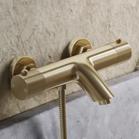 Saniclear Brass Curved thermostatische opbouw badkraan met handdouche geborsteld messing - mat goud
