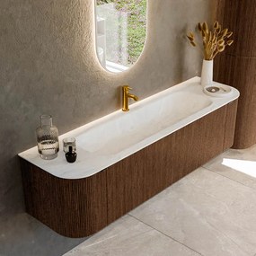 Mondiaz Kurve-dlux 170cm badmeubel ronding links/rechts walnut met 1 lade en 2 deuren en wastafel big large midden 1 kraangat opalo