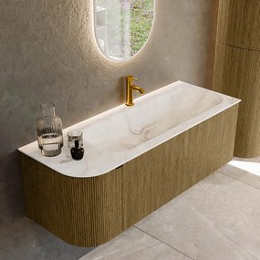 Mondiaz Kurve-dlux 125cm badmeubel ronding links dusk met 1 lade en deur en wastafel big medium kraangat rechts frappe