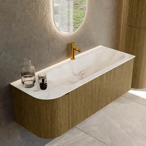 Mondiaz Kurve-dlux 125cm badmeubel ronding links dusk met 1 lade en deur en wastafel big medium kraangat rechts frappe