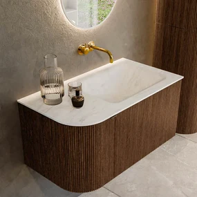 Mondiaz Kurve-dlux 85cm badmeubel ronding links walnut met 1 lade en deur en wastafel cloud rechts zonder kraangat opalo