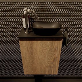 Mondiaz Fowy Toiletmeubel - 40x50x23cm - washed oak mat - 1 kraangat - wasbak rechts - 1 deur - solid surface - blad Melamine - wasbak: zwart FOWY59002washedoakurban