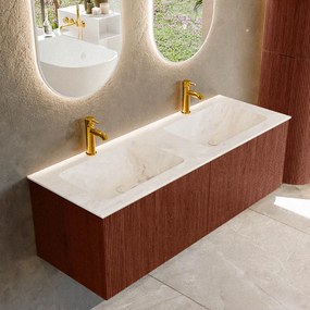 Mondiaz Kurve-dlux 130cm badmeubel ruby met 2 lades en wastafel leaf dubbel 2 kraangaten frappe