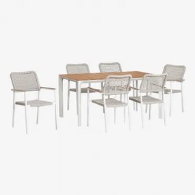 Rechthoekige Tafelset Van Aluminium En Teakhout (160x90 Cm) Katiana En 6 Stoelen Van Aluminium En Gevlochten Touw Nediam Wit - Sklum