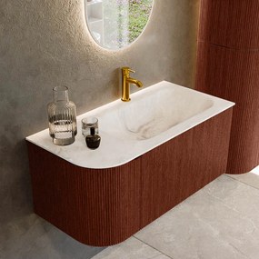 Mondiaz Kurve-dlux 95cm badmeubel ronding links ruby met 1 lade en deur en wastafel big small kraangat rechts frappe
