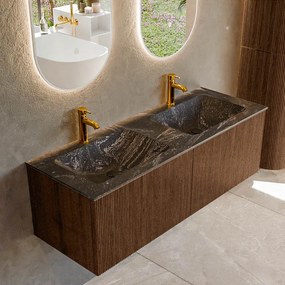 Mondiaz Kurve-dlux 130cm badmeubel walnut met 2 lades en wastafel leaf dubbel 2 kraangaten lava