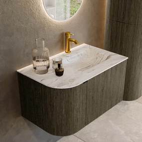 Mondiaz Kurve-dlux 75cm badmeubel ronding links shadow met 1 lade en deur en wastafel grunne kraangat rechts glace