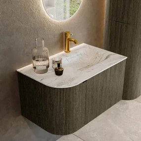 Mondiaz Kurve-dlux 75cm badmeubel ronding links shadow met 1 lade en deur en wastafel grunne kraangat rechts glace