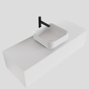 Zaro Lagom volledig naadloos solid surface onderkast met topblad 120cm mat wit met 1 lades Push tot open. Compleet met solid surface opzetkom met 1 kraangat(en)