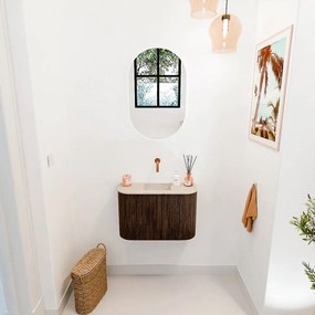 Mondiaz Joya DLux 65cm toiletmeubel ronding links/rechts walnut met wastafel faye midden zonder kraangat frappe