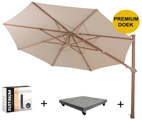 Siesta premium zweefparasol 350 cmØ houtlook frame sand 4 Seasons Outdoor met 90 kg voet en hoes