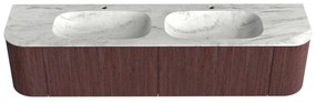 Mondiaz Kurve-dlux 190cm badmeubel ronding links/rechts ruby met 2 lades en deuren en wastafel stor small dubbel 2 kraangaten opalo