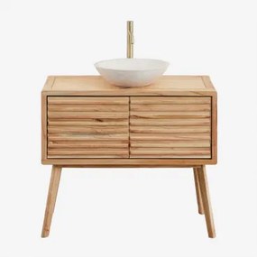 Badkamermeubelset 90x45 Cm In Hout Deleyna Natuurlijk Hout & Rond Cement Wit Ø40 Cm Zavion & Spiegelloze & Geborsteld Goud ↑30 Cm Met Aftapkraan Zonde