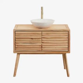 Deleyna Houten Badkamermeubelset Natuurlijk Hout & Rond Cement Wit Ø40 Cm Zavion & Spiegelloze & Geborsteld Goud ↑30 Cm - Sklum