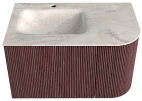 Mondiaz Kurve-dlux 75cm badmeubel ronding rechts ruby met 1 lade en deur en wastafel grunne kraangat links ostra