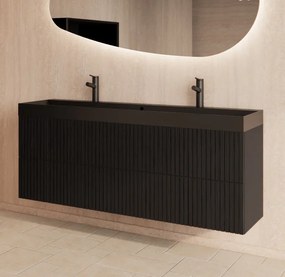 Gliss Design Hybris badmeubel met ribbelfront 140cm black veneer met zwarte wastafel met 2 kraangaten Lako