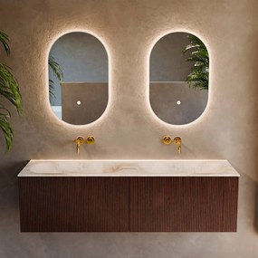 Mondiaz Kurve-dlux 150cm badmeubel ruby met 2 lades en wastafel stor small dubbel zonder kraangat frappe