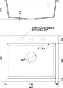 Mexen Elix granieten spoelbak 1-komorige 600 x 500 mm, wit, gouden sifon - 6525601005-20-G
