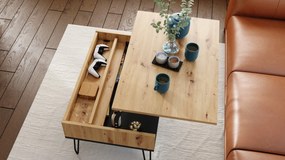 HAIRPIN S-90 EiK Artisan/Zwart Mat - MODERNE KOFFIETAFEL MET OPKLAPBARE TAFEL + OPBERGVAK + PLANK