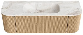 Mondiaz Kurve-dlux 140cm badmeubel ronding links/rechts oak met 1 lade en 2 deuren en wastafel big small midden zonder kraangat frappe