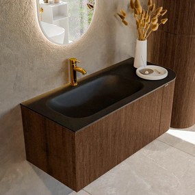 Mondiaz Kurve 105cm badmeubel ronding rechts walnut met 1 lade en deur en wastafel big small kraangat links urban
