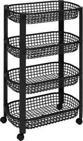5Five Keuken/badkamer trolley– 4-laags – L46xB25xH79 cm – Zwart – Kunststof – Opvouwbaar met wielen