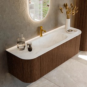 Mondiaz Kurve-dlux 140cm badmeubel ronding links/rechts walnut met 1 lade en 2 deuren en wastafel big small midden 1 kraangat opalo