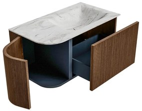 Mondiaz Kurve-dlux 85cm badmeubel ronding links walnut met 1 lade en deur en wastafel cloud rechts zonder kraangat glace