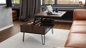 HAIRPIN S-90 Eik Bruin/Zwart Mat - MODERNE KOFFIETAFEL MET OPKLAPBARE TAFEL + OPBERGVAK + PLANK