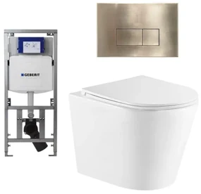 QeramiQ Dely Toiletset - 36.3x51.7cm - diepspoel - rimless - Geberit UP320 Burda inbouwreservoir - softclose toiletzitting - geborsteld messing bedieningsplaat - rechtehoekige knoppen - wit glans SW543431/0701131/SW706201