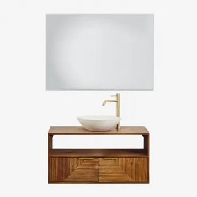 Baty Mangohouten Badkamermeubelset Mangohout & Rond Cement Wit Ø40 Cm Zavion & Rechthoekige Led En Anticondens 100x70 Cm Riben & Goud - Sklum