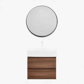 Badkamermeubelset Van Hout En Essenhoutfineer Met Geïntegreerde Wastafel Ona Donker Hout & Round Led And Antifog Zwart Ø80 Cm Kimacs & - Sklum