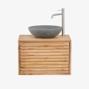 Badkamermeubelset Zwevend In Hout Deleyna Natuurlijk Hout & Rond Grijs Cement Ø40 Cm Tarsis & Spiegelloze & Geborsteld Grijs ↑30 - Sklum