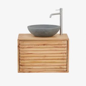 Hangend Badkamermeubelset 60x45 Cm In Hout Deleyna Natuurlijk Hout & Rond Grijs Cement Ø40 Cm Tarsis & Spiegelloze & Geborsteld Grijs ↑30 Cm Met Aftap
