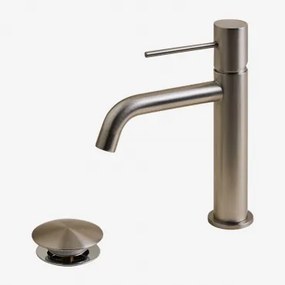 Orveta Click-clack Messing Wastafelkraan En Afvoerklepset ↑20 Cm & Klep Met Overloop & Geborsteld Grijs - Sklum