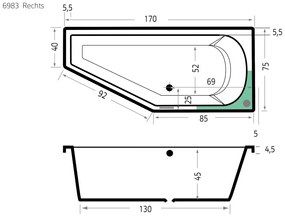 Xenz Lagoon Compact badkuip rechts 170x75x45cm edelweis