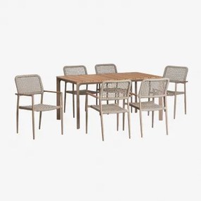 Rechthoekige Tafelset Van Aluminium En Teakhout (160x90 Cm) Katiana En 6 Stoelen Van Aluminium En Gevlochten Touw Nediam Bruin - Mokka - Sklum