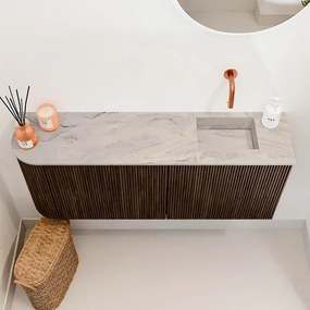 Mondiaz Joya DLux 100cm toiletmeubel ronding links walnut met wastafel faye rechts zonder kraangat glace
