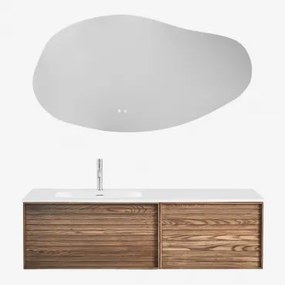 Solea Houten Badkamermeubelset Met Geïntegreerde Wastafel Natuurlijk Hout & Oval Led And Antifog 140x75 Cm Jynox & Geborsteld Grijs - Sklum