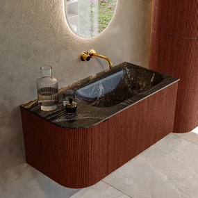 Mondiaz Kurve-dlux 95cm badmeubel ronding links ruby met 1 lade en deur en wastafel big small rechts zonder kraangat lava